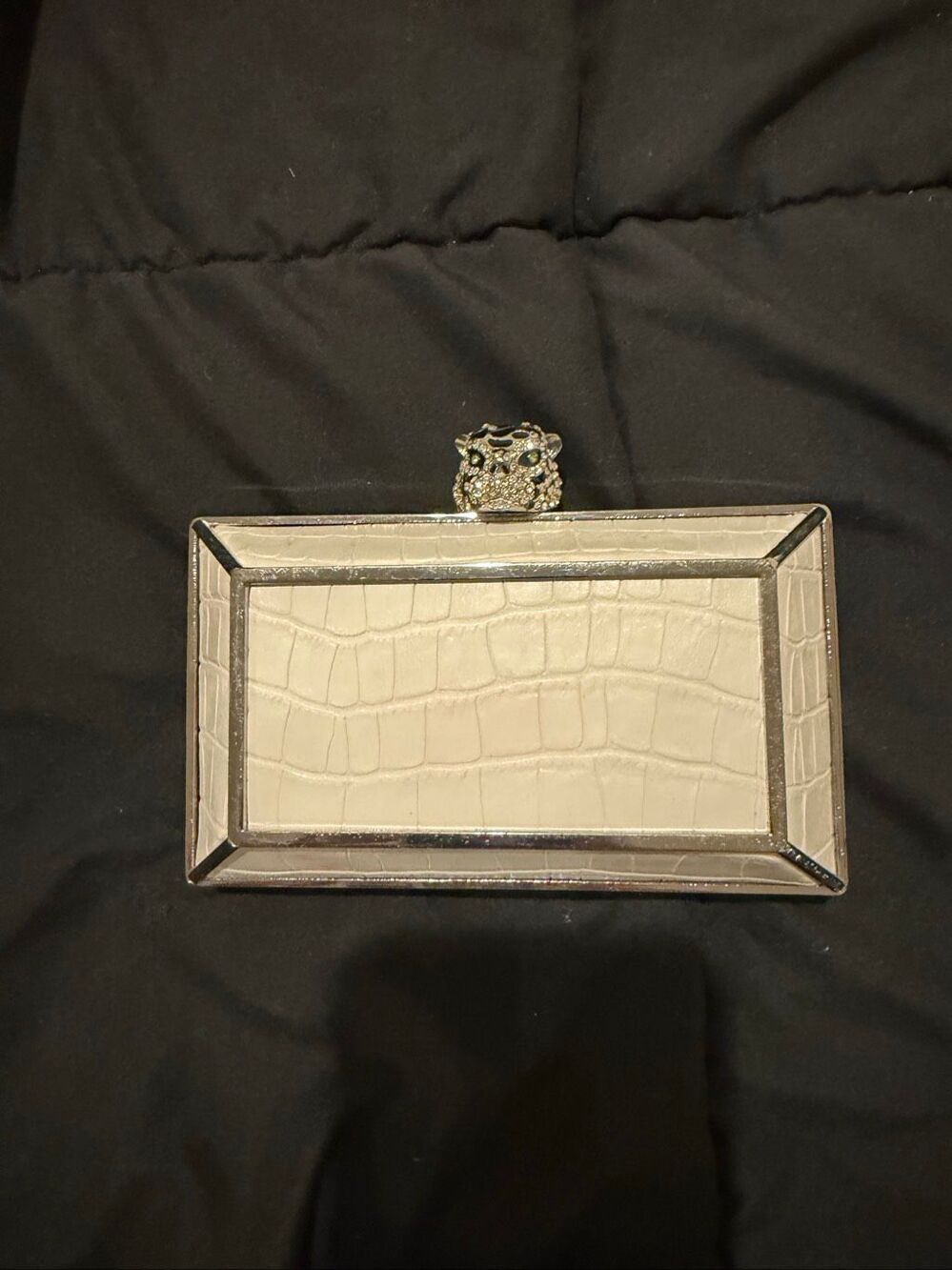 BCBGMAXAZRIA Ivory Croc-Embossed Box Clutch with Jeweled Leopard Closure